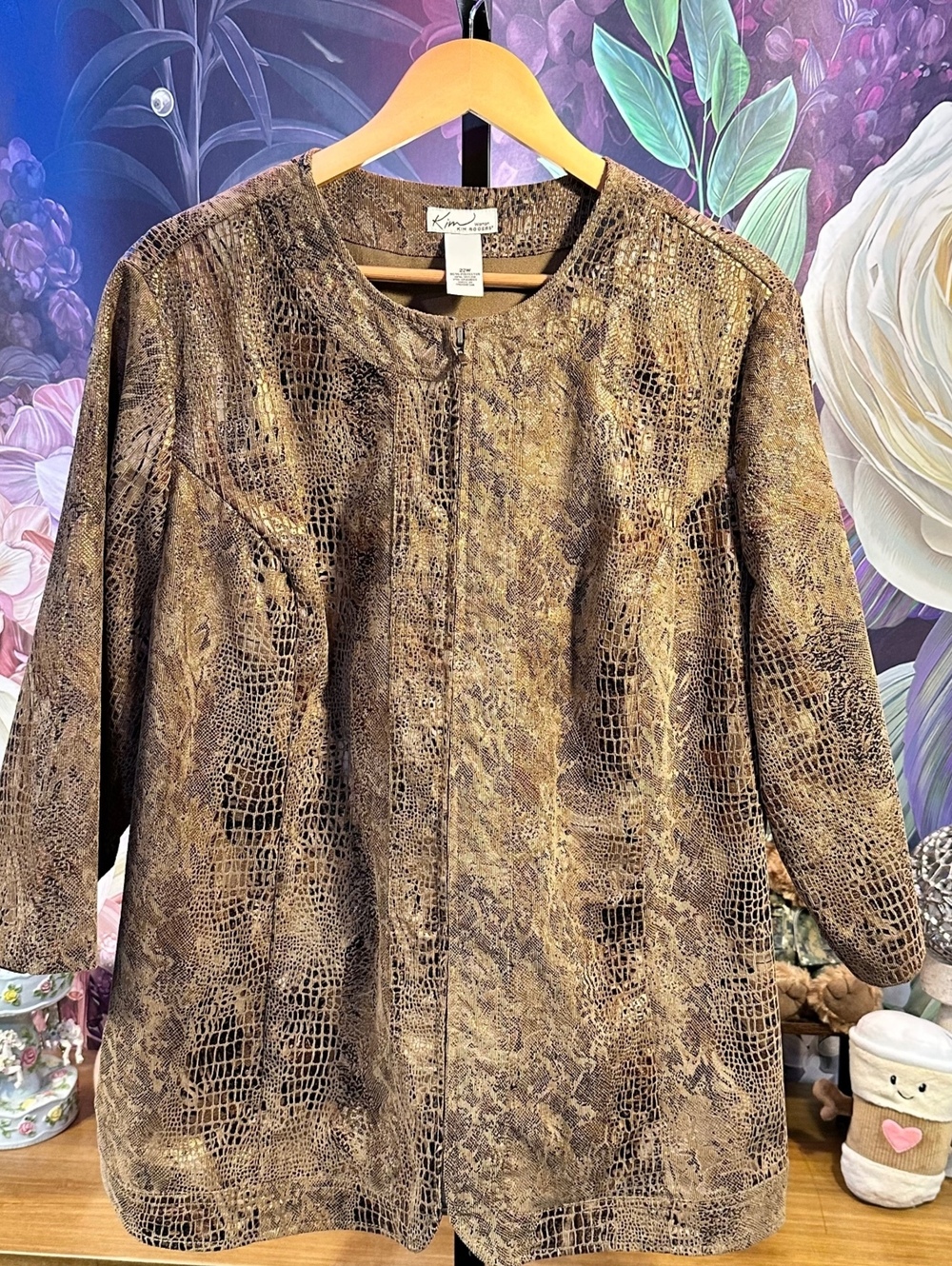 Kim Rogers 22W Jacket Metallic Faux Leather Snakeskin Plus Gold Brown Zip